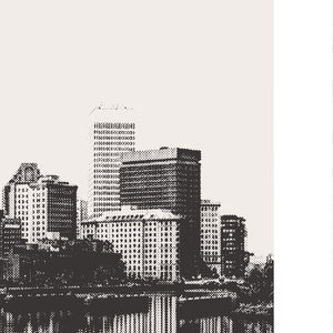 Op de afbeelding: Zwart-witte illustratie van een skyline met hoge gebouwen. De gebouwen zijn gemaakt van kleine stippen, waardoor een gepixeld effect ontstaat.