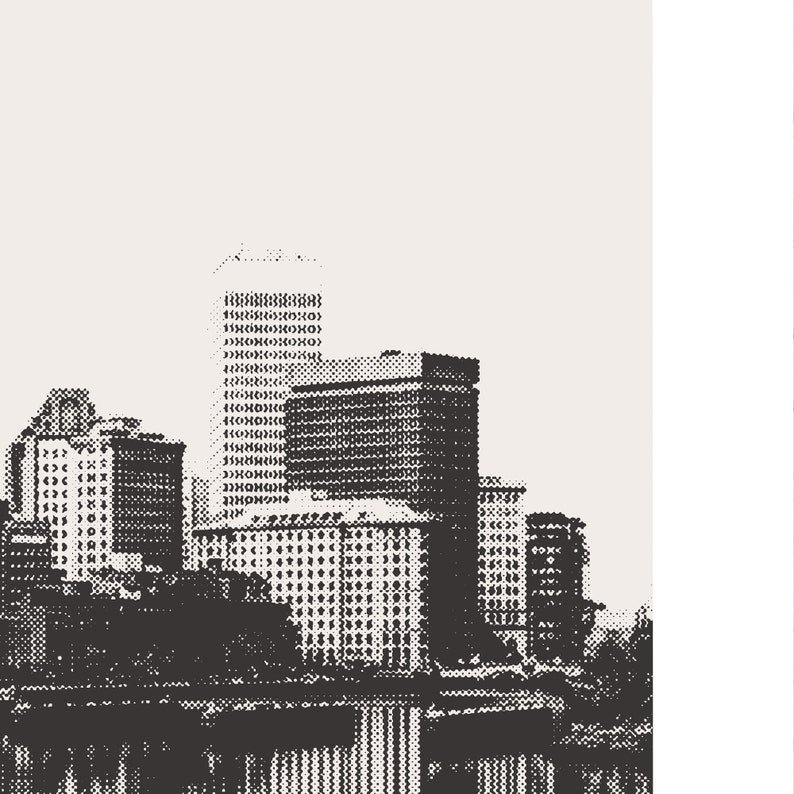 Op de afbeelding: Zwart-witte illustratie van een skyline met hoge gebouwen. De gebouwen zijn gemaakt van kleine stippen, waardoor een gepixeld effect ontstaat.