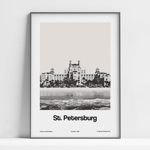 Póster de San Petersburgo, Florida, impresión de San Petersburgo, Florida, arte de pared minimalista personalizado de la ciudad con el hotel rosa de San Petersburgo, Harbor Beach, Miami