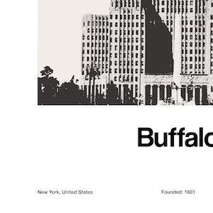 May include: Black and white illustration of a city skyline with tall buildings and trees. The text "Buffalo" is below the image, and the text "New York, United States" and "Founded: 1801" are below the text "Buffalo".