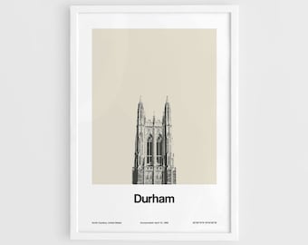 Durham Print, Durham North Carolina Poster, Duke Chapel Durham NC Skyline Black White Durham Wall Art Minimalist Custom City Print