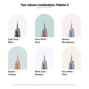 May include: A digital illustration of six different colour palettes, each featuring a stylised image of the Empire State Building. The colour palettes are labelled with names like "Light Grey - Black", "Paris White - Ferra", and "Geyser - Tuscany".
