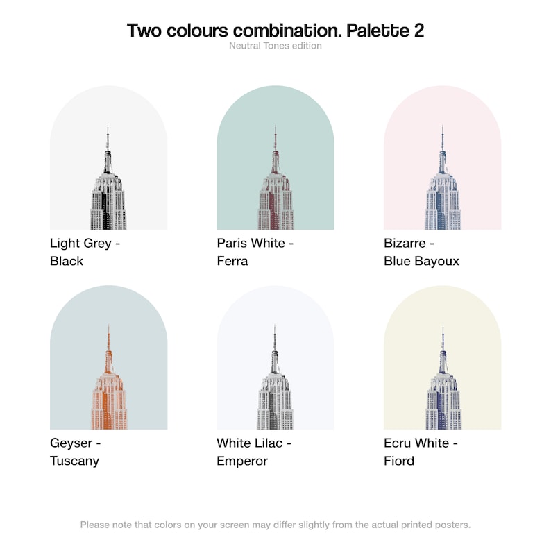 May include: A digital illustration of six different colour palettes, each featuring a stylised image of the Empire State Building. The colour palettes are labelled with names like "Light Grey - Black", "Paris White - Ferra", and "Geyser - Tuscany".