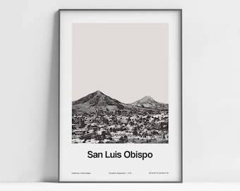 Impresión de San Luis Obispo, cartel de San Luis Obispo CA, San Luis Obispo California State Skyline negro blanco pared arte minimalista impresión de ciudad personalizada