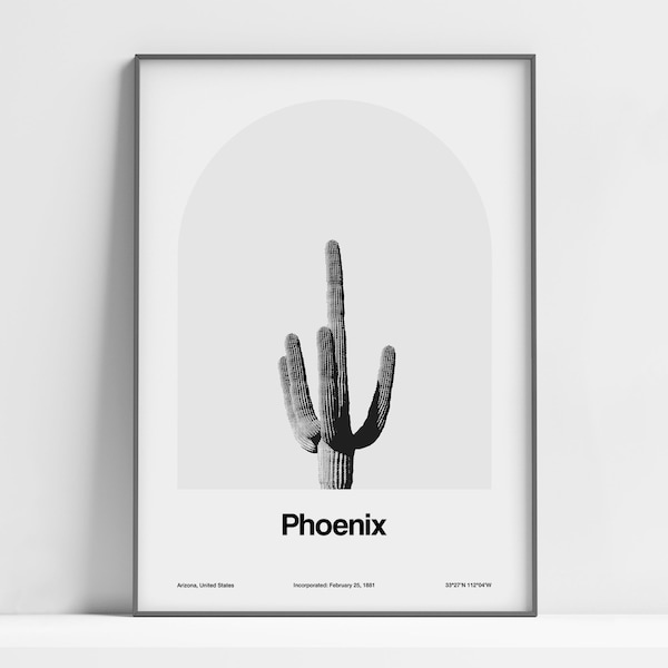 Phoenix AZ Print, Phoenix Arizona Poster, Saguaro Cactus Phoenix, McDowell Mountains, Phoenix Wall Art Minimalist Custom City Arch Print