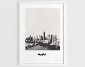 Austin Skyline Print, Austin Texas Poster, Downtown Austin TX  Colorado River Lake Travis Wall Art Minimalist Custom City Print by Artica