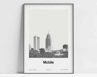 Mobile Alabama Poster, Mobile AL Print, Mobile Skyline Alabama Black White, Mobile River AL Photo Wall Art Minimalist Custom City Print