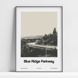 Blue Ridge Parkway Print, Blue Ridge Parkway Poster, Blue Ridge Mountains Virginia, North Carolina Wall Art Minimalist Custom Mountain Print