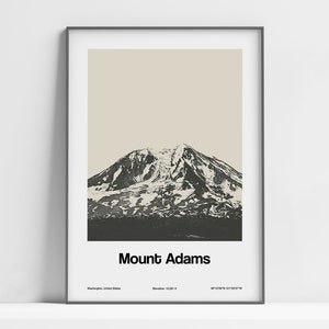 Impressão de Mount Adams, Washington, pôster de Mount Adams, Washington, arte de parede em preto e branco, impressão minimalista personalizada de montanha