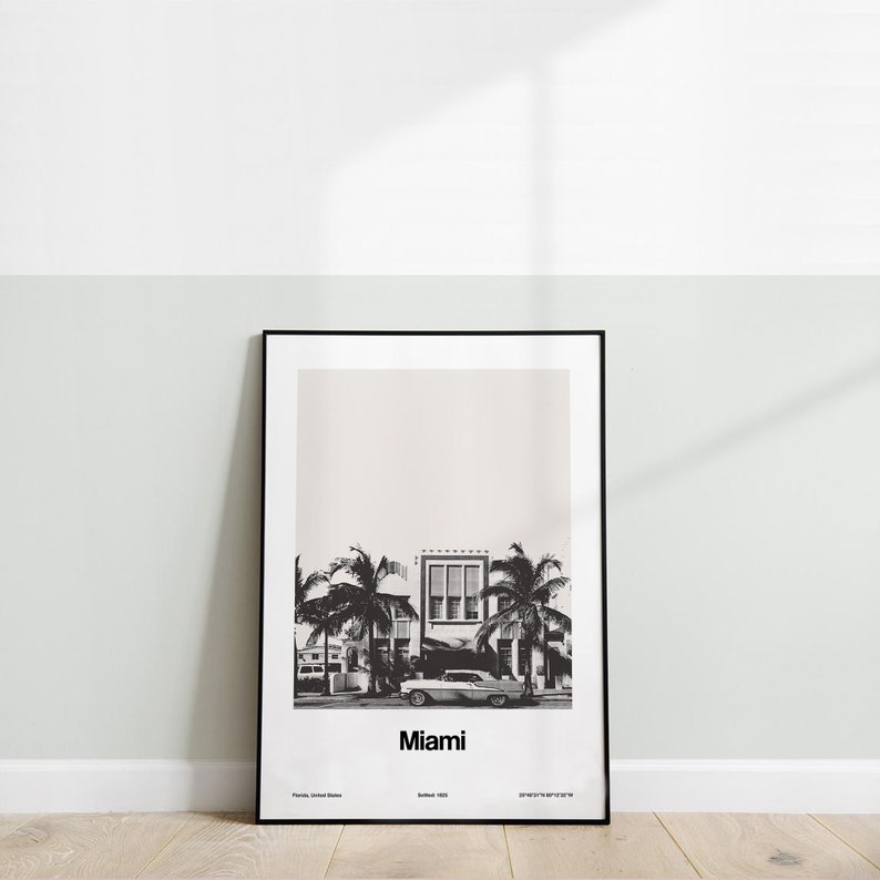 Miami Beach Historic Photo Print, Art Deco District Miami Florida Poster Skyline Black White Wall Art Minimalist Custom City Print by Artica image 5