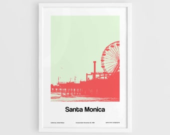 Santa Monica Print, Santa Monica Pier Poster, Santa Monica Beach Art California Skyline Wall Art Minimalist Custom City Print by Artica