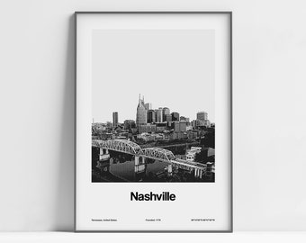 Nashville Skyline TN Poster, Nashville Print, Downtown Nashville, Nashville Tennessee Black White Wall Art Minimalist Custom City Print