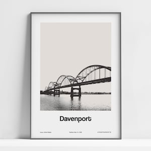 Davenport IA Print, Davenport Iowa Poster, Rock Island Centennial Bridge Davenport Black White Photo Wall Art Minimalist Custom City Print
