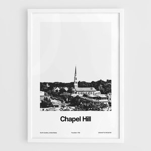Chapel Hill NC-print, Chapel Hill North Carolina-poster, Church Chapel Hill NC-horizon zwart-witte muurkunst minimalistische stad print