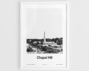 Impression de Chapel Hill en Caroline du Nord, affiche de Chapel Hill en Caroline du Nord, église de Chapel Hill en Caroline du Nord, art mural noir blanc, impression de ville ville minimaliste