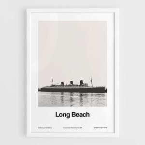 Long Beach California Poster, RMS Queen Mary in Long Beach Wall Art Print, Long Beach CA Skyline Minimalist Custom City Print by Artica