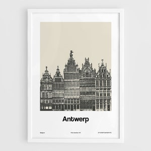 Antwerp Print, Downtown Antwerp Poster, Antwerpen Belgium Travel, Guildhouses Antwerpen Black White Wall Art Minimalist Custom City Print