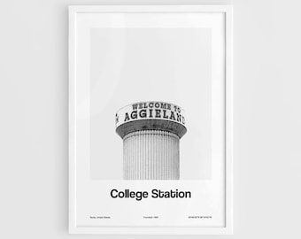 College Station Texas Print, College Station TX Poster, Welcome to Aggieland Water Tower Wall Art Minimalist Custom College Town Print