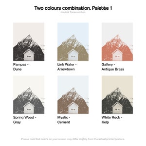 May include: A digital illustration of six color palettes with a mountain and house design. The color palettes are named "Pampas - Dune", "Link Water - Arrowtown", "Gallery - Antique Brass", "Spring Wood - Gray", "Mystic - Cement", and "White Rock - Kelp".
