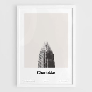 Charlotte NC Poster, Charlotte North Carolina Print, Bank of America Charlotte NC Skyline Wall Art Minimalist Custom City Print by Artica