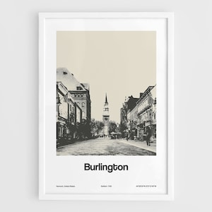 Burlington Vermont Print, Burlington VT Poster, Downtown Burlington Church Street, Lake Champlain Wall Art Minimalist Custom City Print