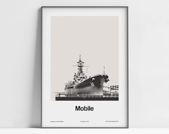 Mobile Alabama Poster, Mobile Print, Alabama Battleship Memorial Park, Mobile Bay Alabama Black White Wall Art Minimalist Custom City Print