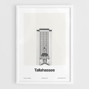 Cartel de Tallahassee FL, Impresión estatal de Tallahassee Florida, Blanco negro de Tallahassee, Arte de pared de Tallahassee Impresión minimalista personalizada de la ciudad