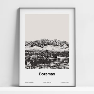 Impresión de Bozeman MT, póster de montaña de Bozeman Montana, arte de pared con horizonte de Bozeman en blanco y negro del estado de Montana, impresión minimalista personalizada de ciudad de montaña