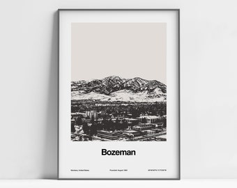 Bozeman MT Print, Bozeman Montana Poster, Montana State College Black White Bozeman Skyline Wall Art Minimalist Custom College Print