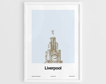 Royal Liver Building Liverpool Print, Liverpool city Skyline, Pier Head Liver Birds Poster Wall Art Minimalist Custom City Print by Artica