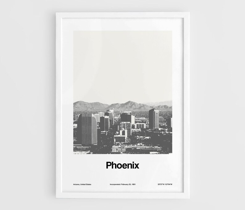 Phoenix Print, Phoenix AZ Minimalism Poster, Phoenix Skyline Photography Arizona Mountains Wall Art Minimalist Custom City Print by Artica image 1