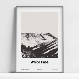 Impresión de White Pass WA, póster del estado de White Pass Washington, paso de montaña de White Pass, póster de impresión de ciudad personalizada minimalista de arte de pared de White Pass