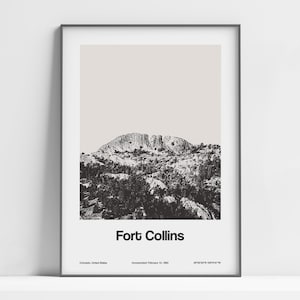 Fort Collins Colorado Poster, Fort Collins CO Print, Fort Collins Horsetooth Mountain Wall Art Minimalist Custom College Town Print