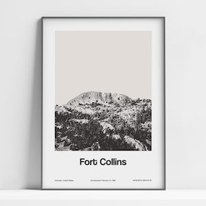 Fort Collins Colorado poster, Fort Collins CO print, Fort Collins Horsetooth berg muur kunst minimalistische aangepaste bergstad print