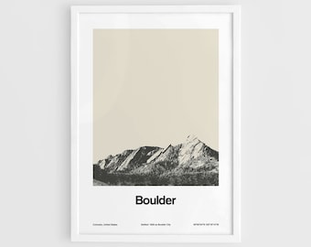 Boulder The Flatirons rock formations near Boulder CO Poster, Boulder Colorado Skyline Wall Art Minimalist Custom City Print by Artica