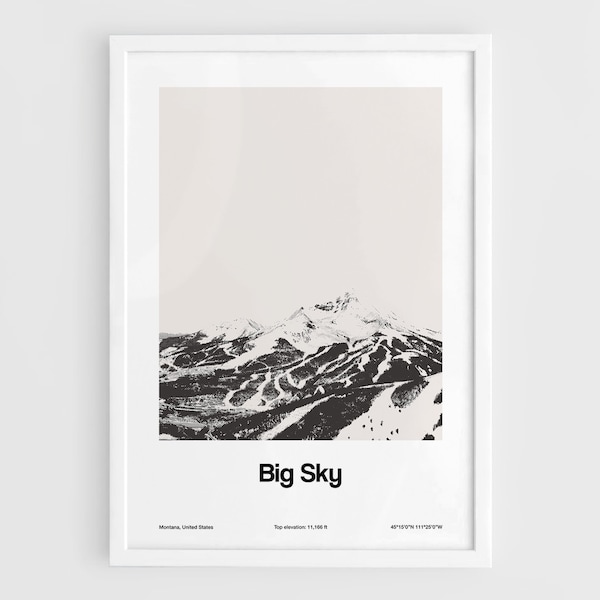 Big Sky Print, Big Sky Skyline Poster Custom Winter Town, Big Sky Montana Mountain Wall Art Minimalist Custom City Print by Artica