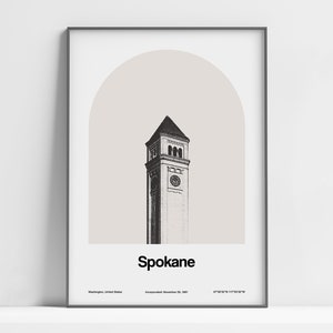 Spokane WA Poster, Spokane Washington Print, Great Northern clock tower Spokane Riverfront Park Wall Art Minimalist Art Custom City Print
