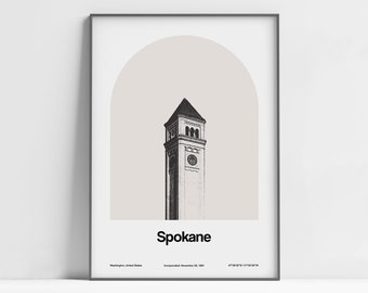 Spokane WA Poster, Spokane Washington Print, Great Northern clock tower Spokane Riverfront Park Wall Art Minimalist Art Custom City Print