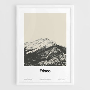 Impression Frisco Colorado, affiche Frisco CO, montagnes Frisco noir blanc, art mural photo Frisco impression ville hiver personnalisée minimaliste
