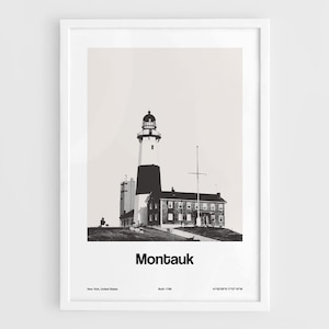 Pode incluir: Fotografia a preto e branco do Farol de Montauk Point em Montauk, Nova Iorque. O farol é uma torre alta e branca com um topo preto e uma faixa preta e branca. O farol é rodeado por um edifício baixo de pedra. O texto "Montauk" está impresso abaixo da imagem.