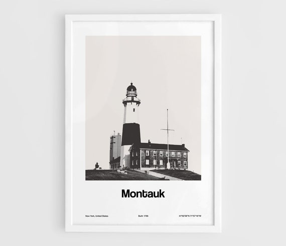 Montauk New York Poster, Montauk Point Light NY Print, Montauk lighthouse New York Black White Wall Art Minimalist Custom City Print