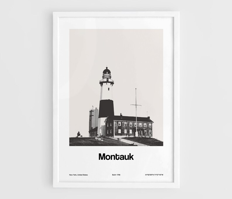 May include: Black and white photograph of Montauk Point Lighthouse in Montauk, New York. The lighthouse is a tall, white tower with a black top and a black and white striped band. The lighthouse is surrounded by a low, stone building. The text "Montauk" is printed below the image.