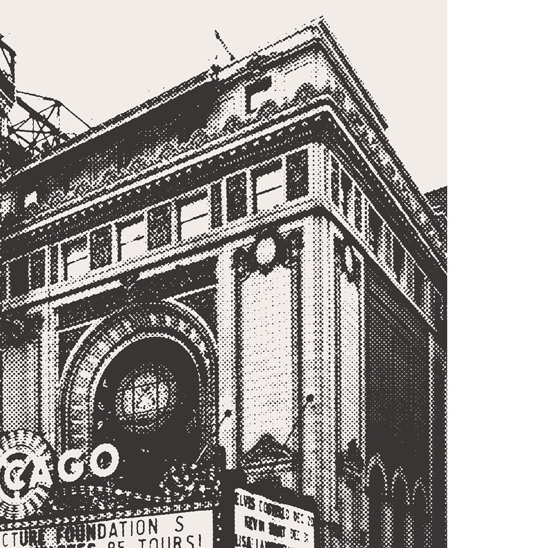 Pu&ograve; includere: Foto in bianco e nero di un edificio con un grande arco e la parola "CHICAGO" in grandi lettere sulla facciata. L'edificio ha uno stile architettonico classico con dettagli decorativi.