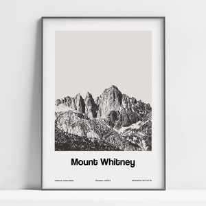 Mount Whitney Print, Mount Whitney CA Poster, Mount Whitney Sierra Nevada California Black White Wall Art Minimalist Custom Mountains Print