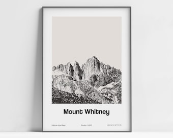 Mount Whitney Print, Mount Whitney CA Poster, Mount Whitney Sierra Nevada California Black White Wall Art Minimalist Custom Mountains Print