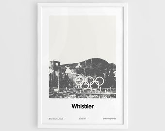 Whistler Village Poster, Whistler Mountain Print Colombie-Britannique, Whistler Blackcomb Peak Black White Wall Art Minimaliste Custom City Print