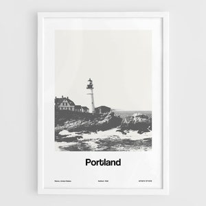 Portland Maine Head Light Skyline Print, Portland ME lighthouse Black White Photo Poster Wall Art Minimalist Custom City Print by Artica