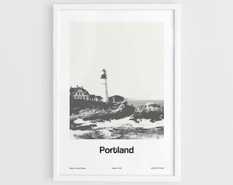 Portland Maine Head Light Skyline Print, Portland ME lighthouse Black White Photo Poster Wall Art Minimalist Custom City Print by Artica