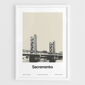 Sacramento Poster, Tower Bridge Sacramento California Print, Downtown Sacramento Bridge Wall Art Minimalist Custom City Print by Artica