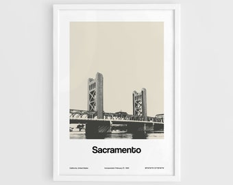 Sacramento Poster, Tower Bridge Sacramento California Print, Downtown Sacramento Bridge Wall Art Minimalist Custom City Print by Artica